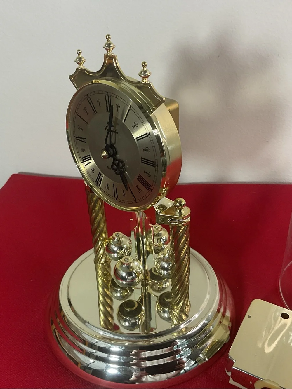 Concordia Anniversary Clock Glass Dome Quartz Rotating Pendulum Mantel Germany….